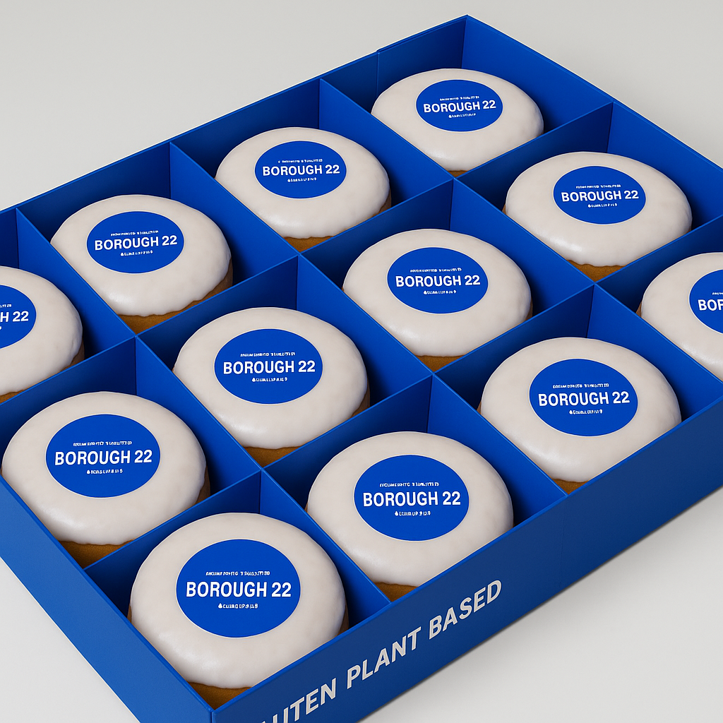 Corporate box of 24 gluten-free, vegan doughnuts, branded