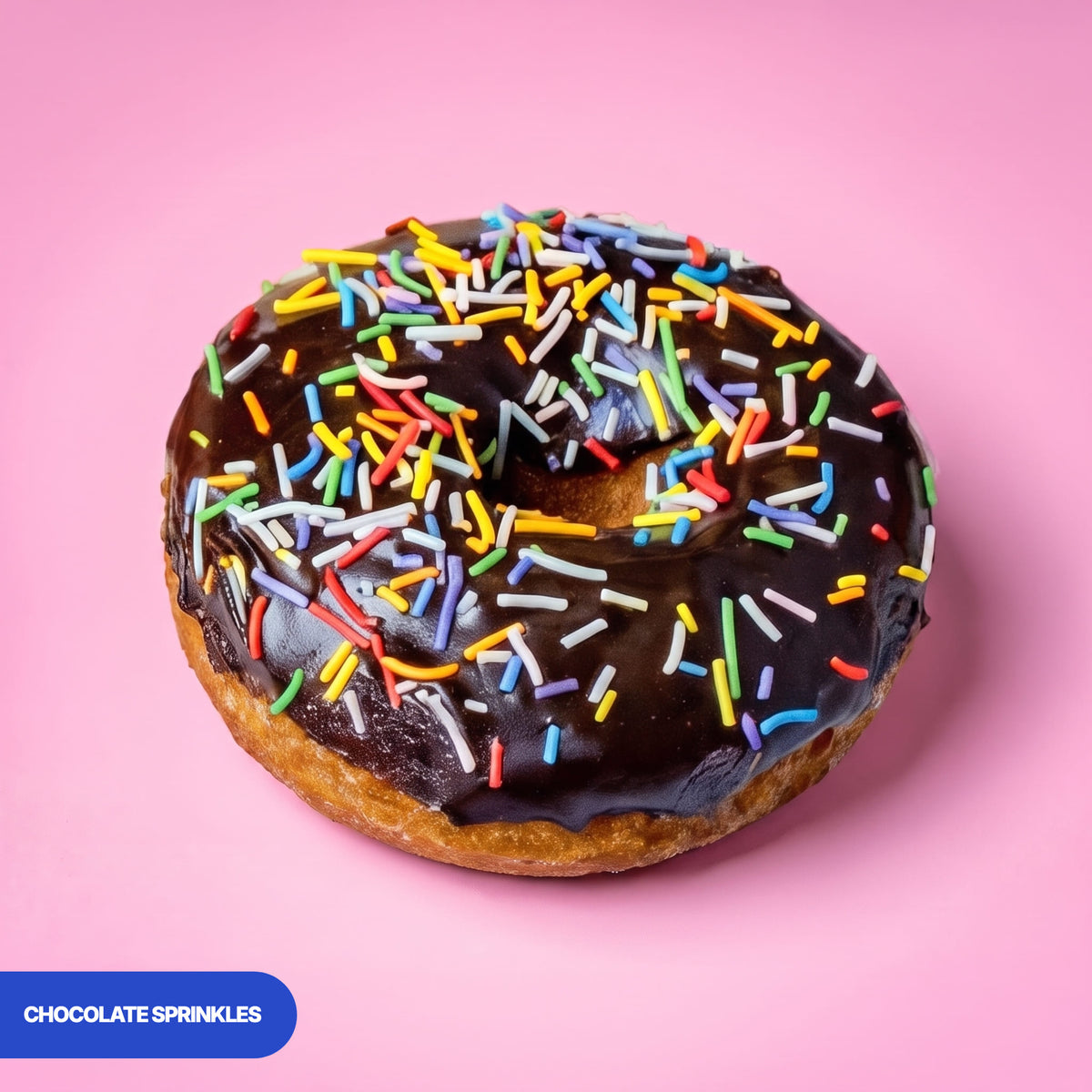 Gluten free oat free vegan fried chocolate ring doughnut covered in rainbow sprinkles
