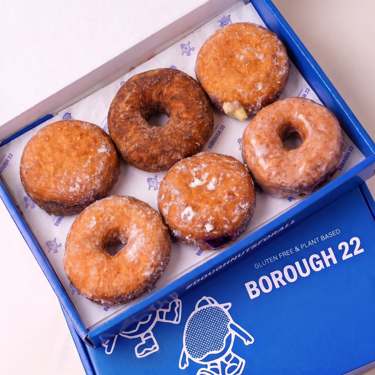Open Borough 22 box of six gluten free oat free vegan fried doughnuts, sugared custard and jam filled rounds with cinnamon sugar and original glazed rings