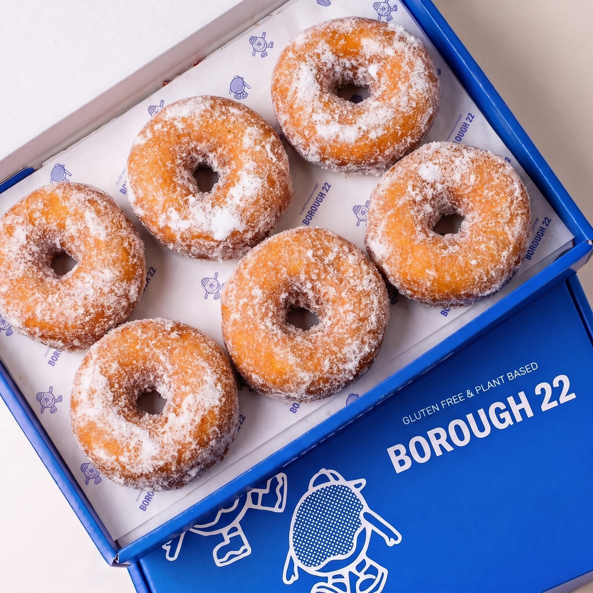 Open Borough 22 box of six gluten free oat free vegan fried ring doughnuts rolled in caster sugar
